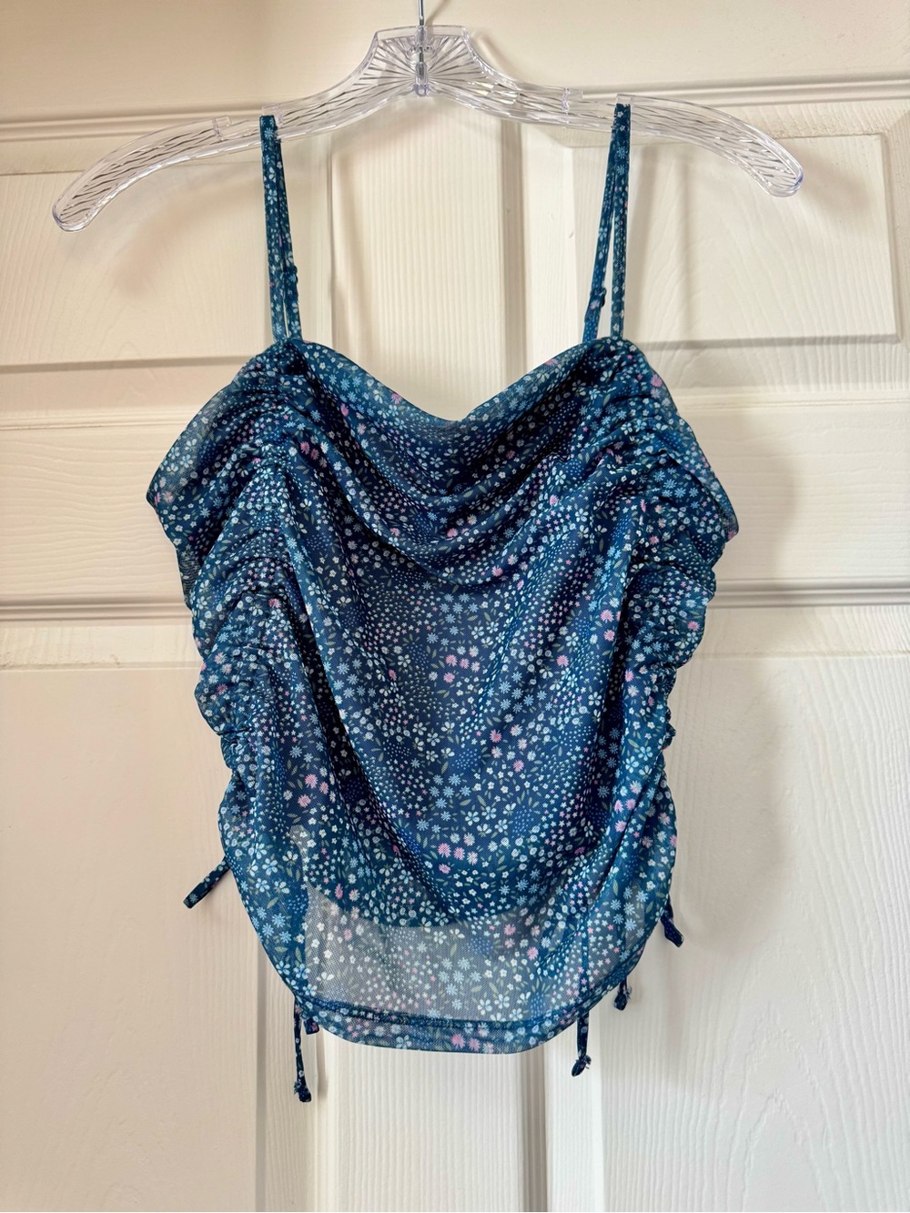 SO Blue Floral Ruched Cowl Neck Cami Top Size Large Y2K Fairy Grunge
